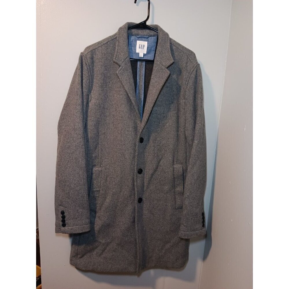 Vintage Gap Mens L Gray Tweed Wool Blend Pea Coat Lined Classic Inside Pockets